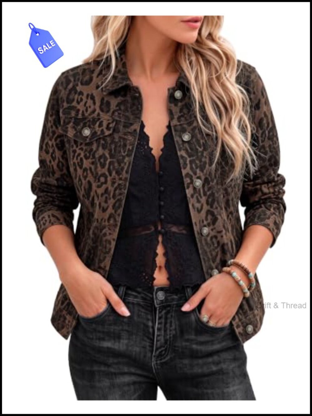 Women's Leopard Print Stretch Button Down Jean Jacket Casual